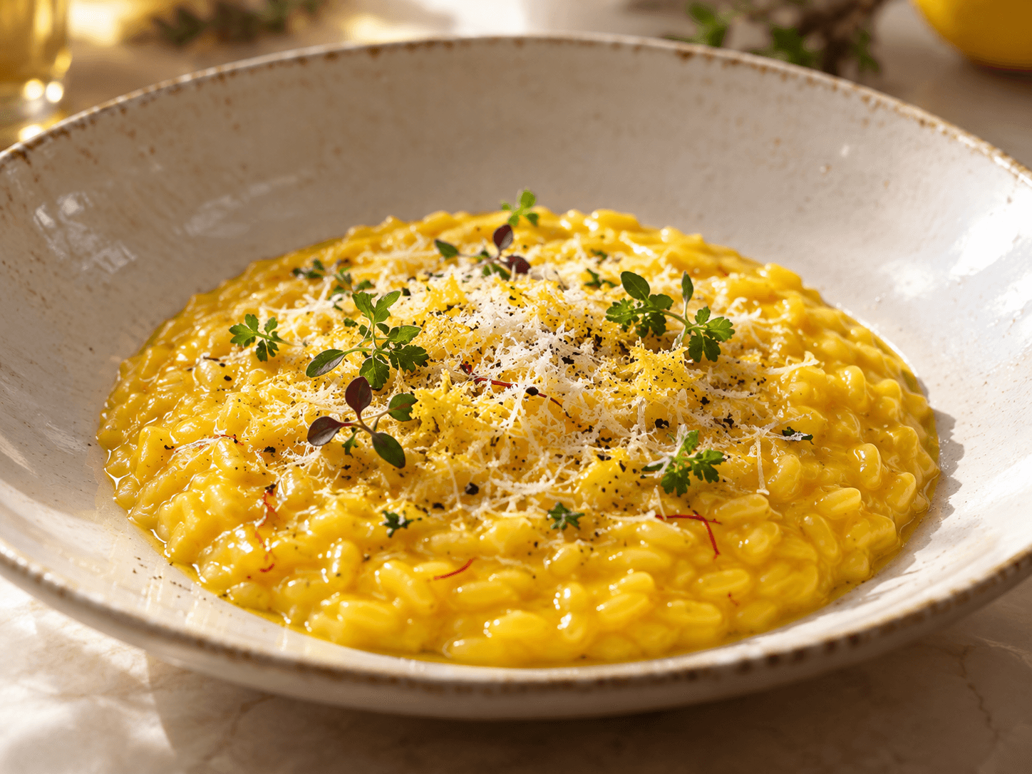 Golden saffron Carnaroli risotto finished with lemon and herbs.