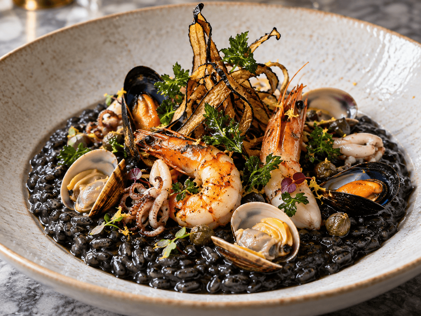 Crispy aubergine and herb nest on squid-ink seafood risotto.