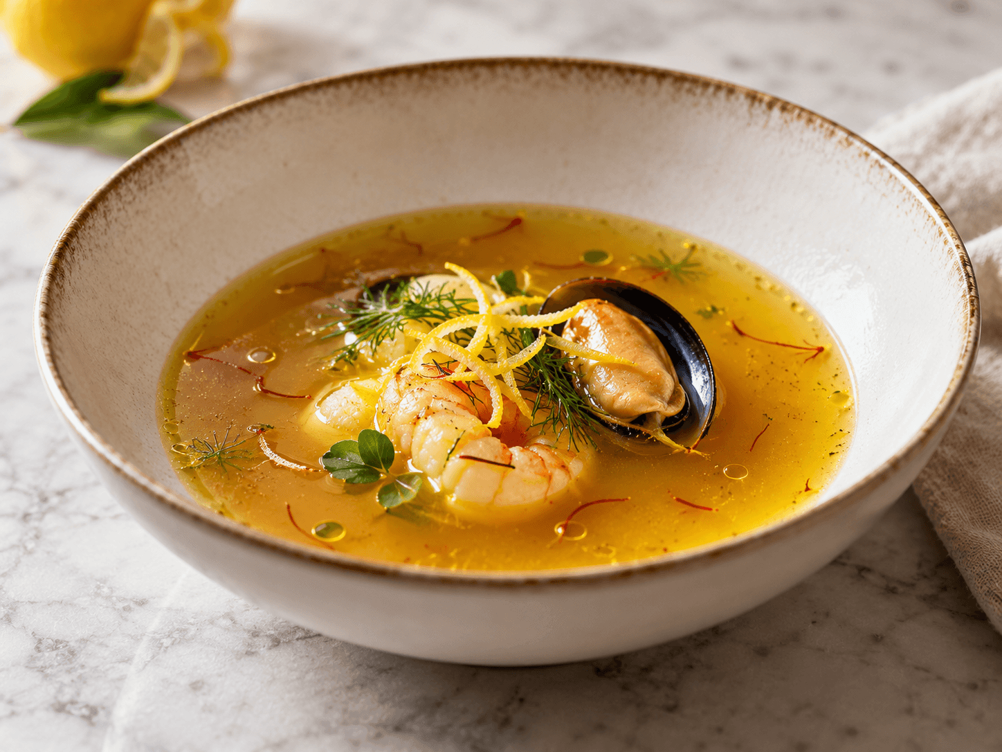 Golden saffron seafood broth with prawn, mussel and clam.