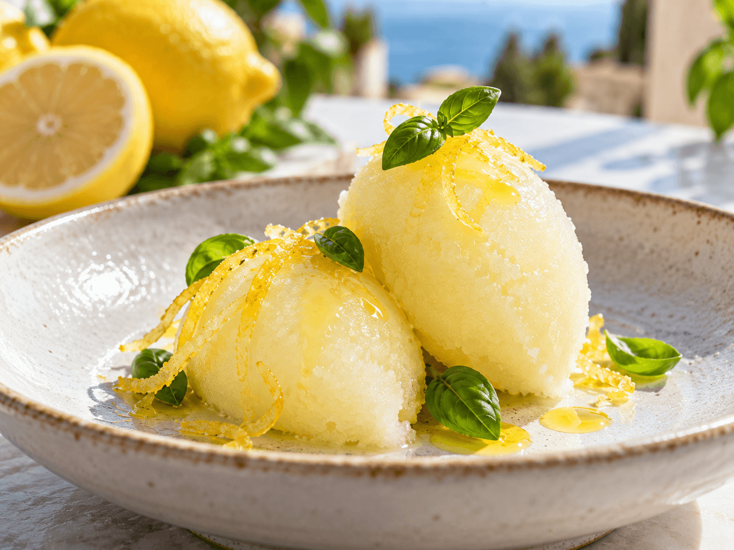 Lemon and basil sorbet with fresh basil and candied lemon zest.
