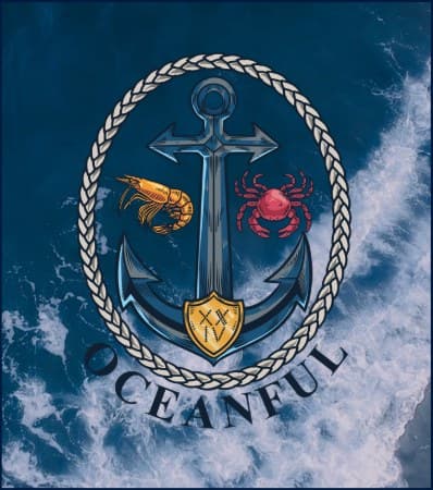 Oceanful crest: an anchor within a rope ring with a prawn and a crab, over the sea