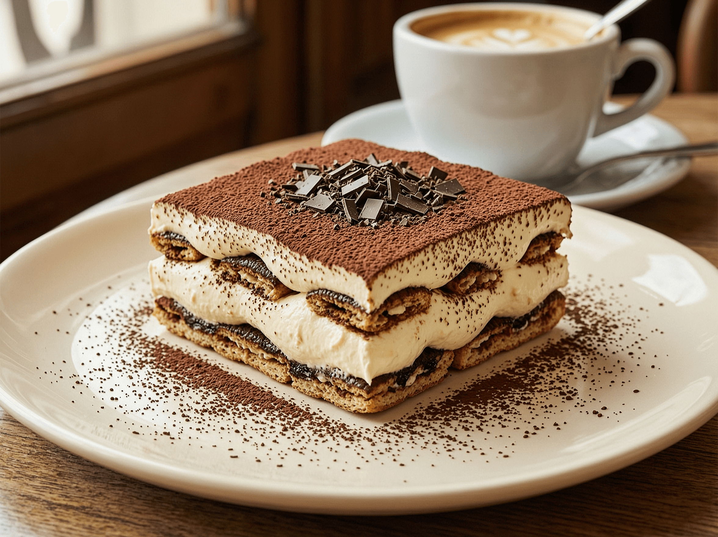 A clean square of tiramisu with espresso-soaked savoiardi, mascarpone cream and cocoa.