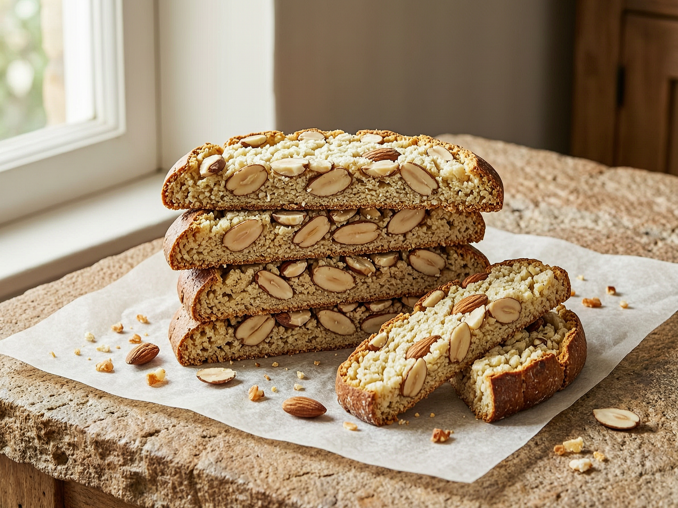 Twice-baked almond biscotti with whole toasted almonds visible in the crumb.