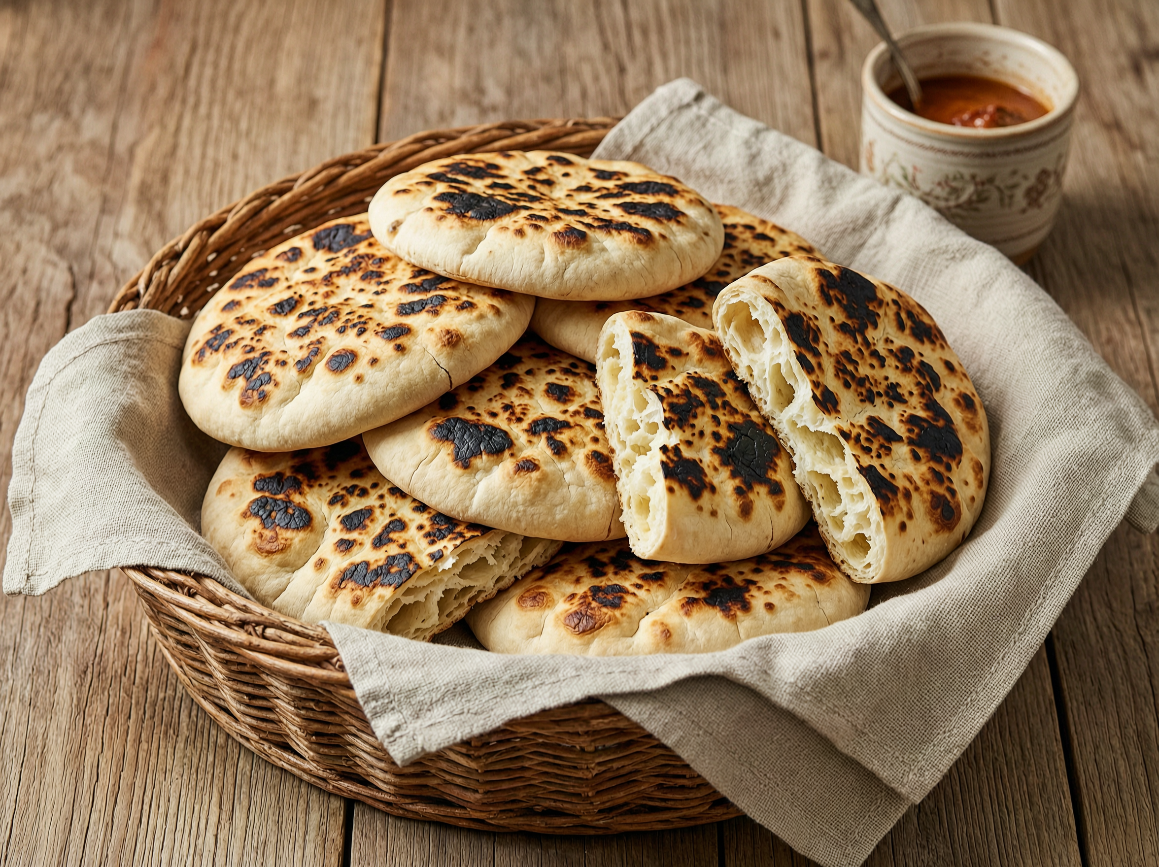 Small fire-grilled batbout flatbreads with puffed centres and smoky char.