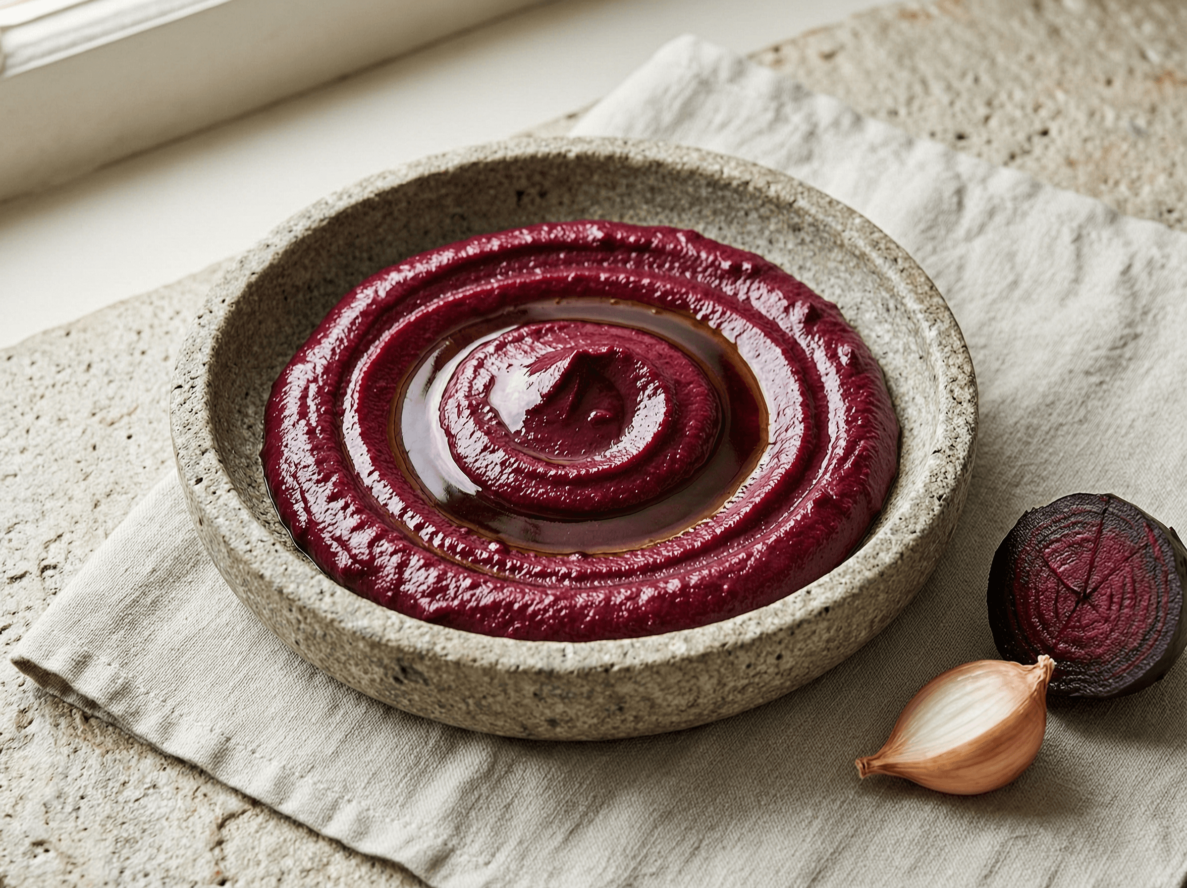 Silky roasted beetroot puree with a deep ruby gloss.