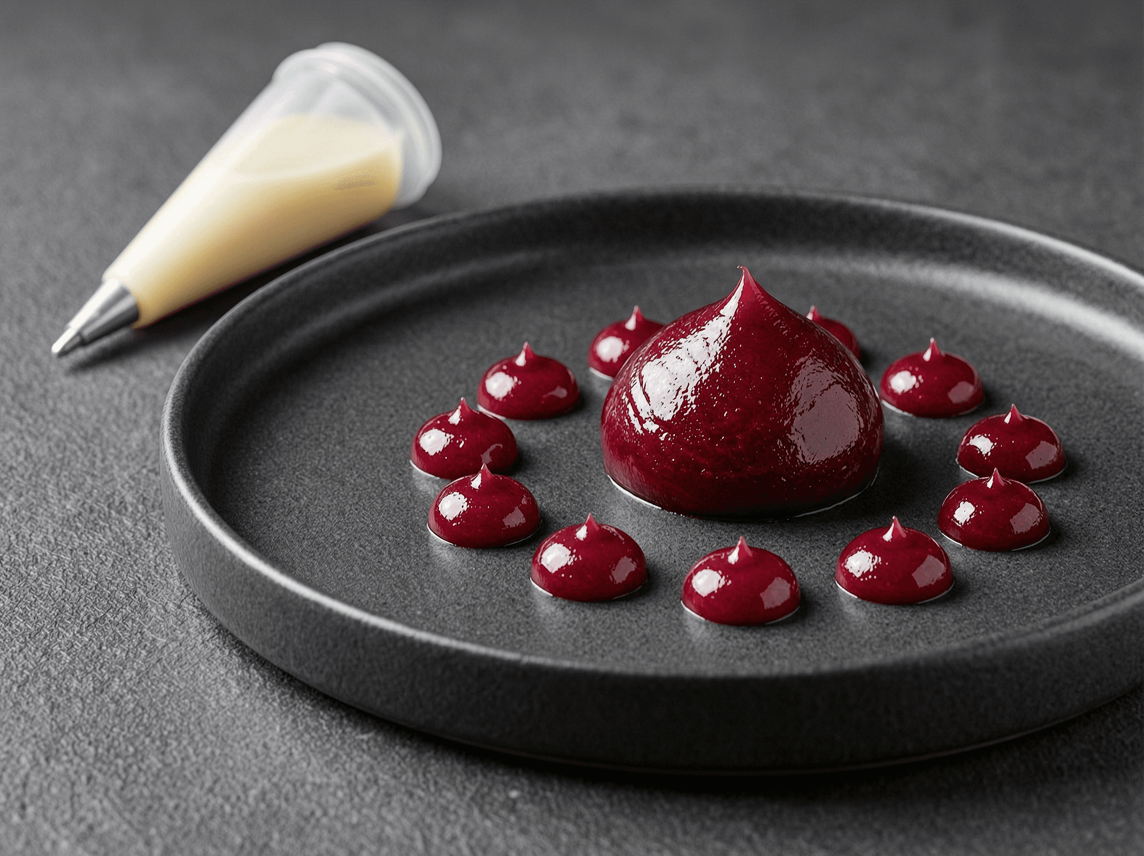 Glossy beetroot gel presented as precise ruby dots and a quenelle.