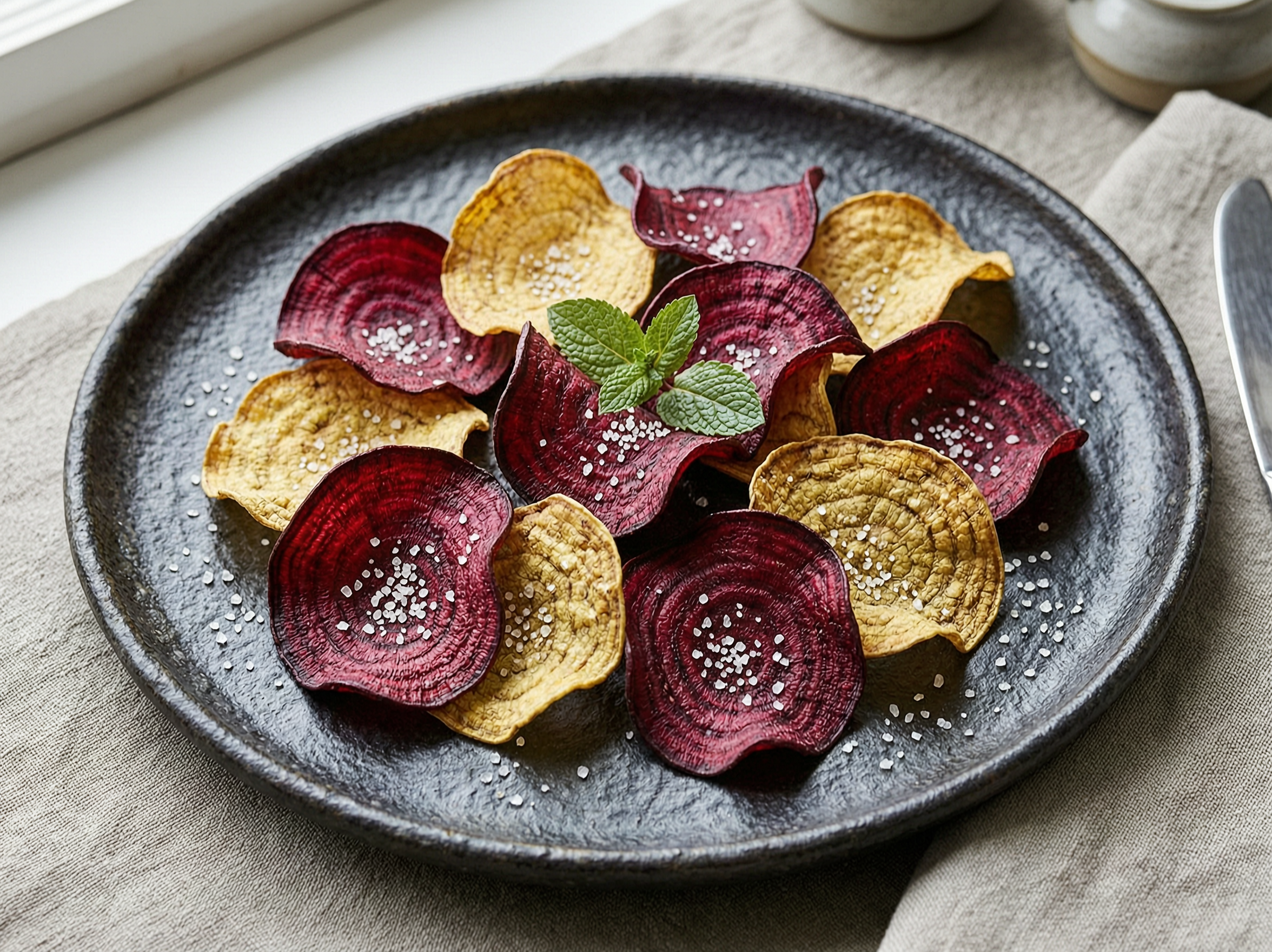 Paper-thin crisp ruby and golden beetroot chips.