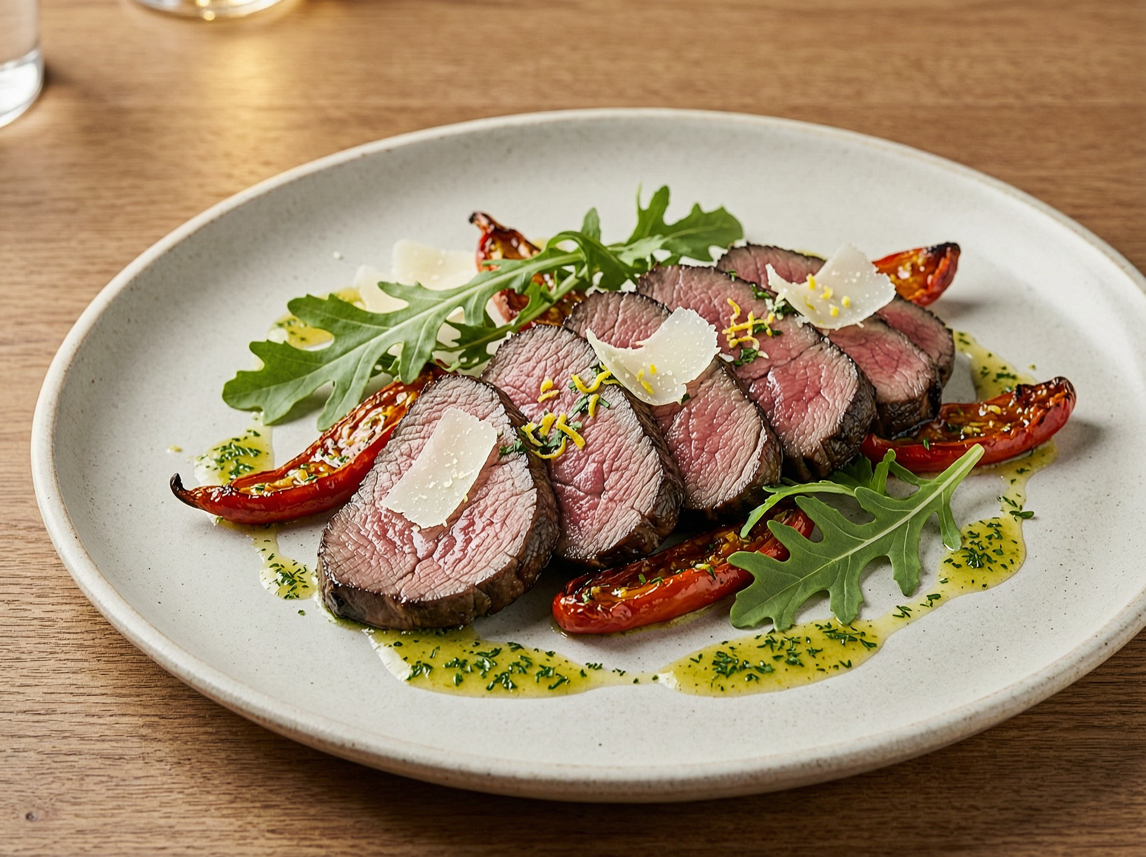 Thinly sliced charred flank steak tagliata with peppers, rocket and Parmesan.