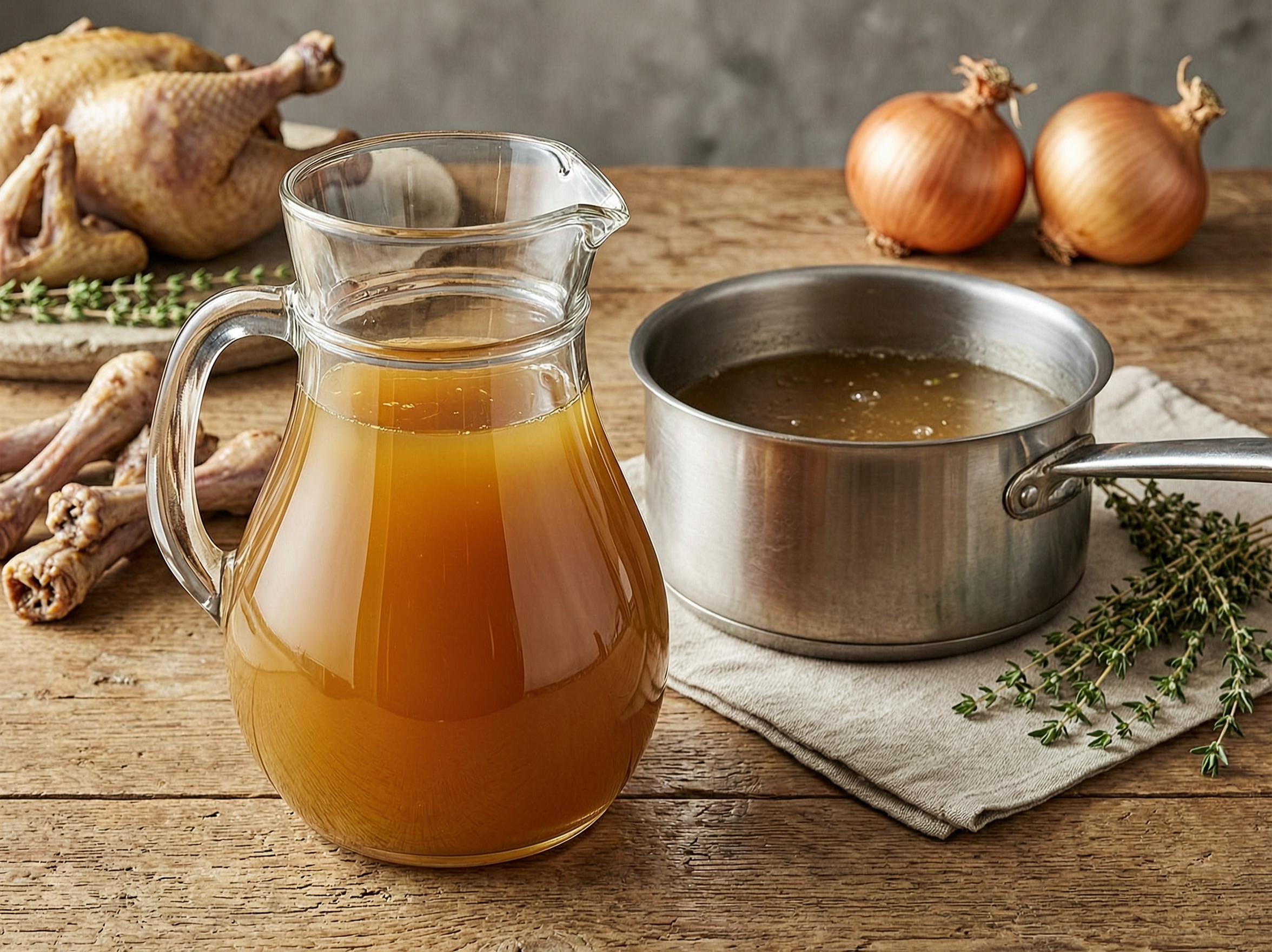 Clear deep golden roasted chicken stock in a glass jug beside a stockpot.