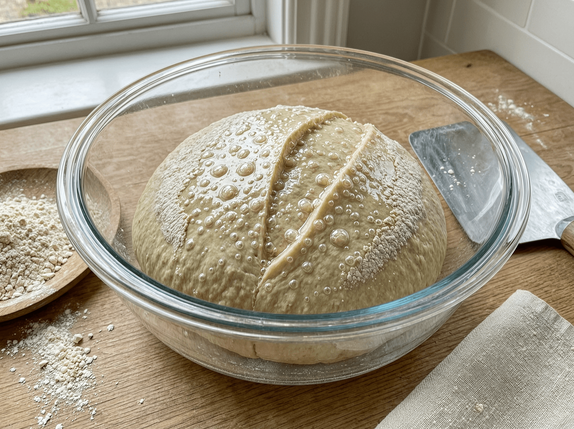 Ripe bubbly ciabatta poolish in a glass bowl.