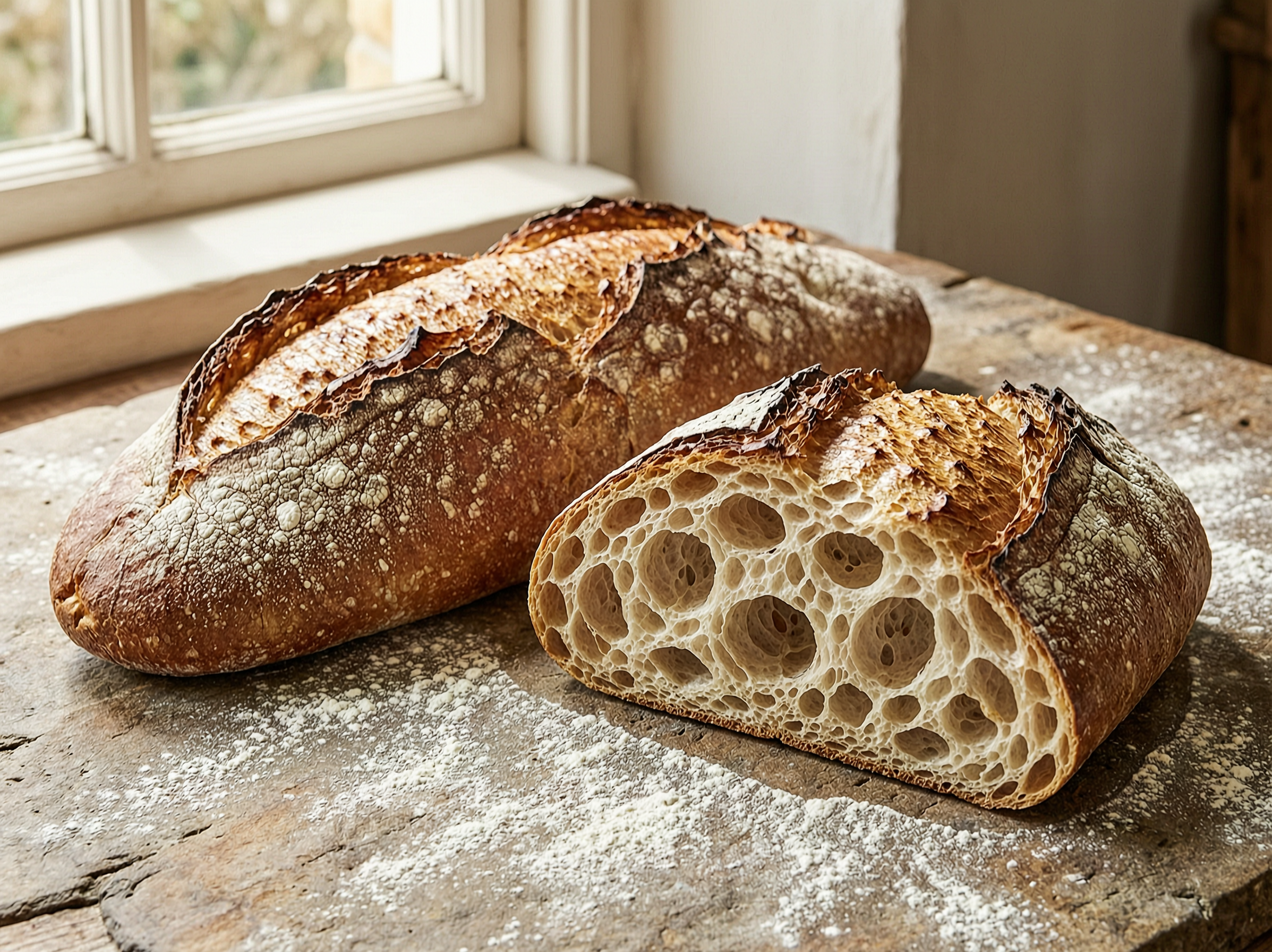 Poolish ciabatta with blistered crust and an open irregular crumb.