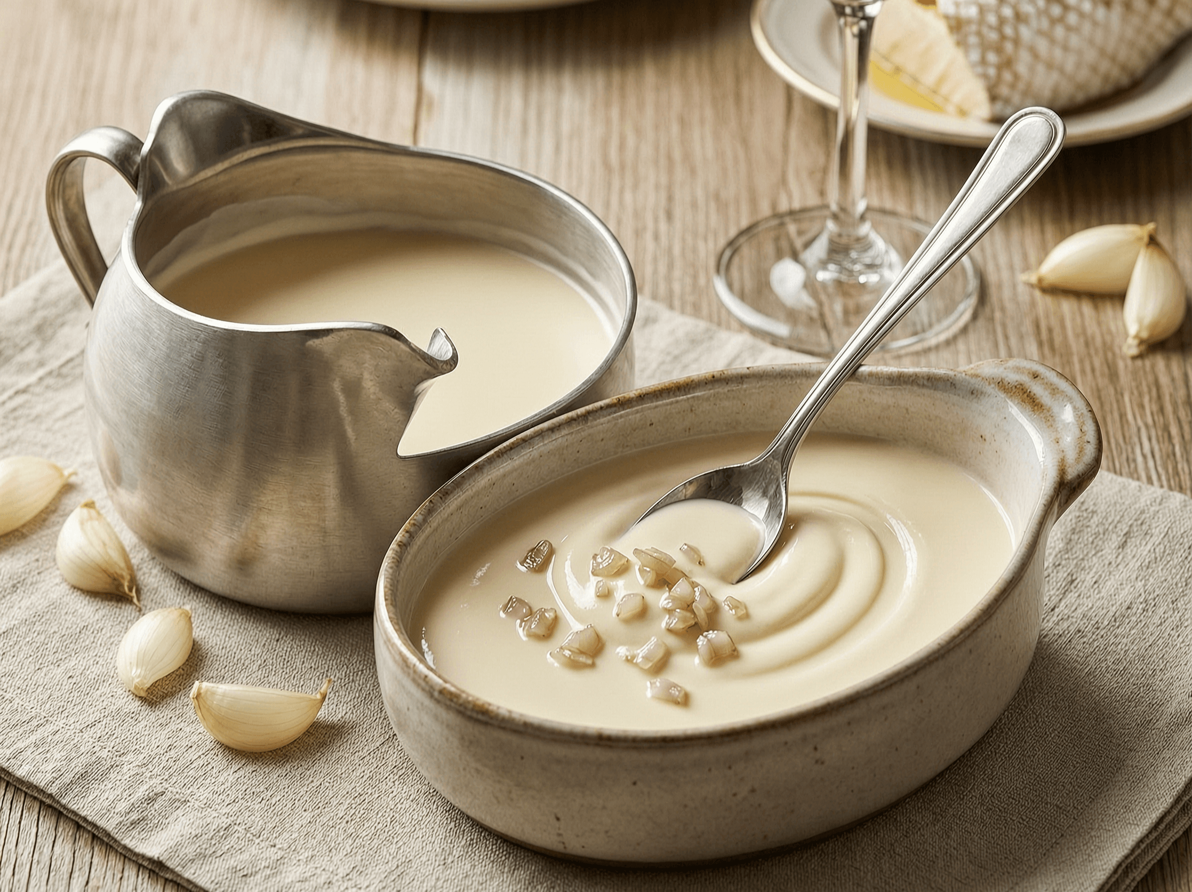 Classic beurre blanc, a pale glossy butter emulsion with shallot and white wine.