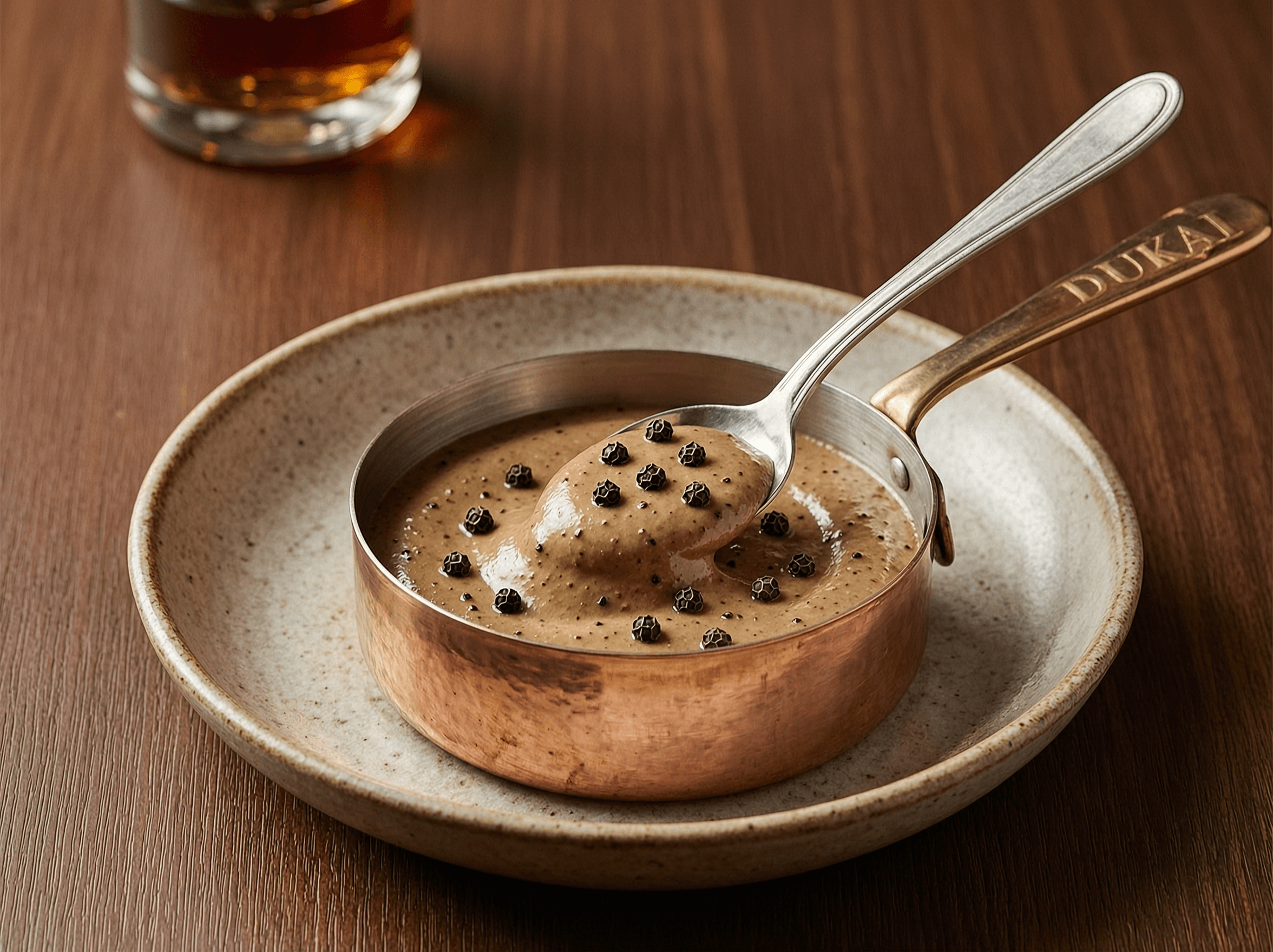 Silky black peppercorn sauce with whole and cracked peppercorns.