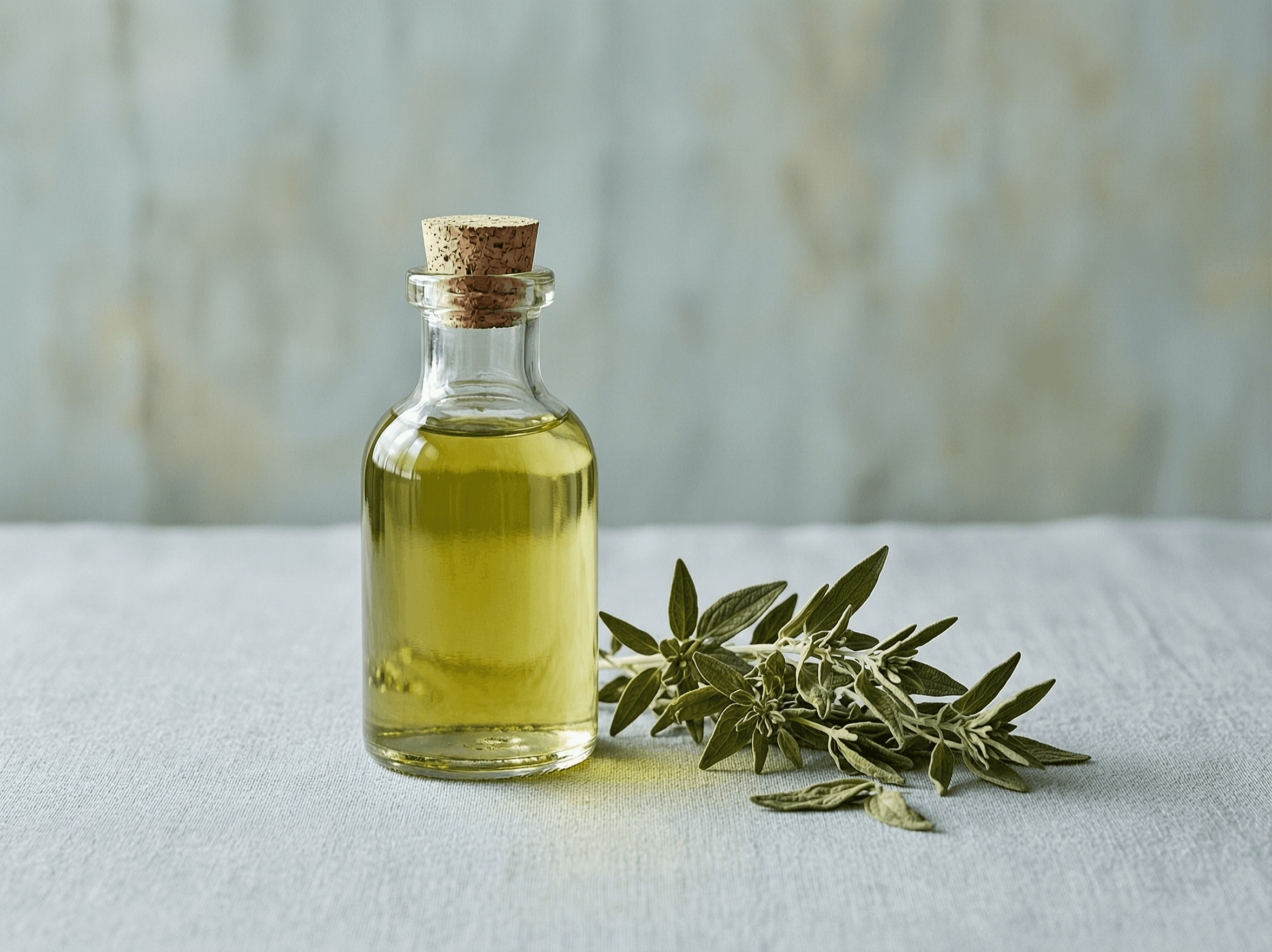 Pale green-gold buchu oil with dried buchu leaves.