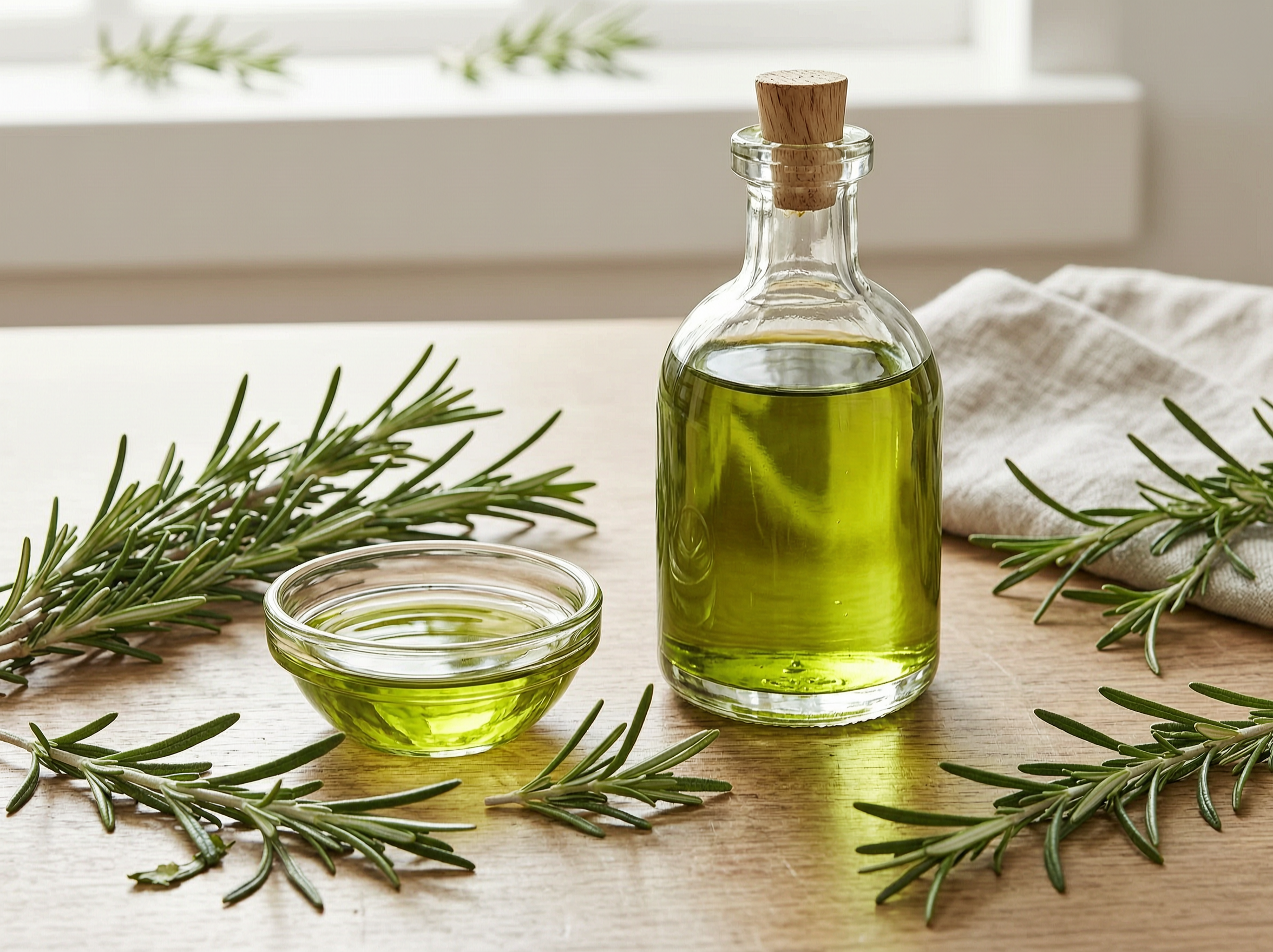 Bright green rosemary oil with fresh rosemary sprigs.