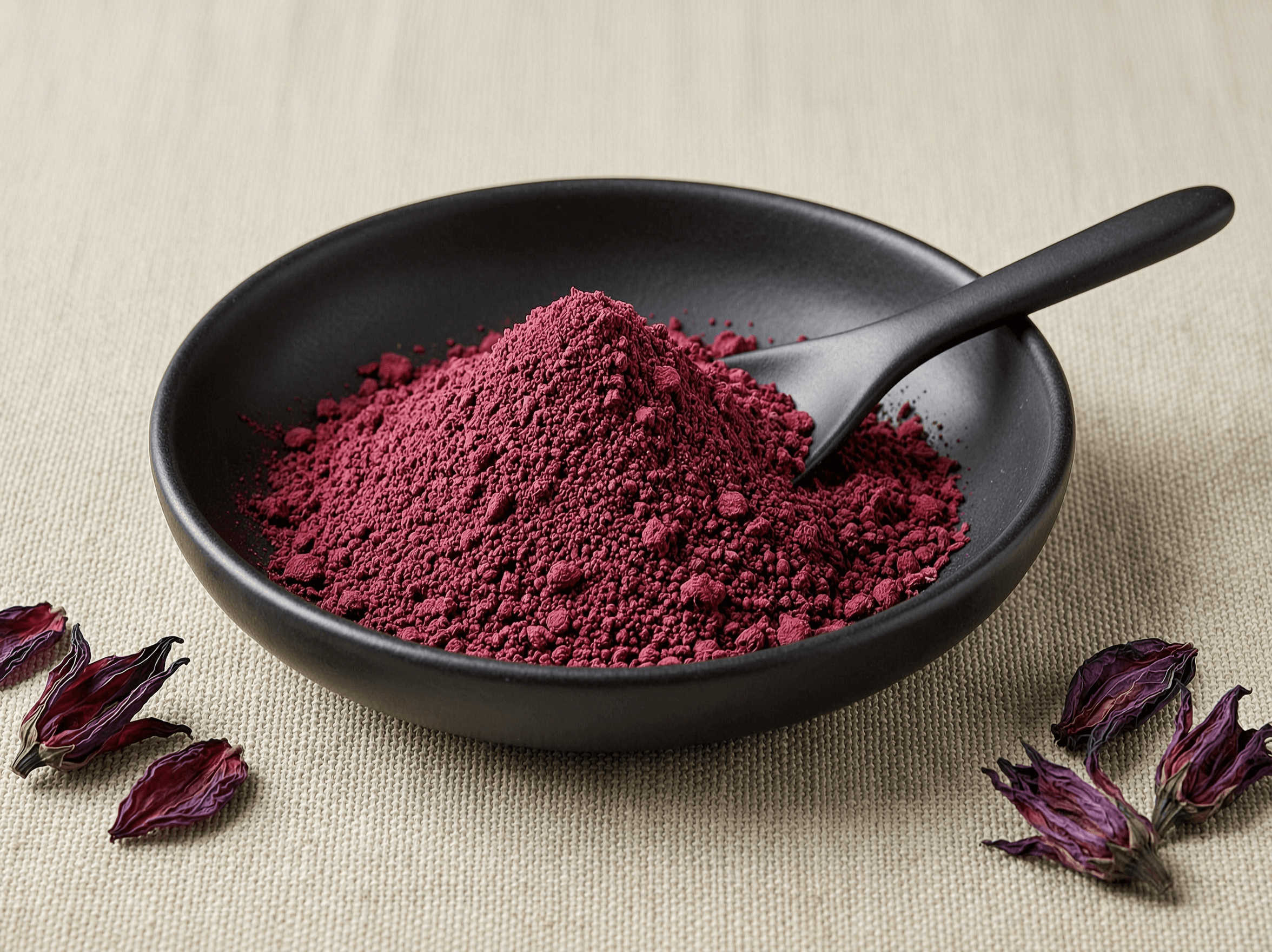 Fine deep-ruby hibiscus dust with dried roselle petals.