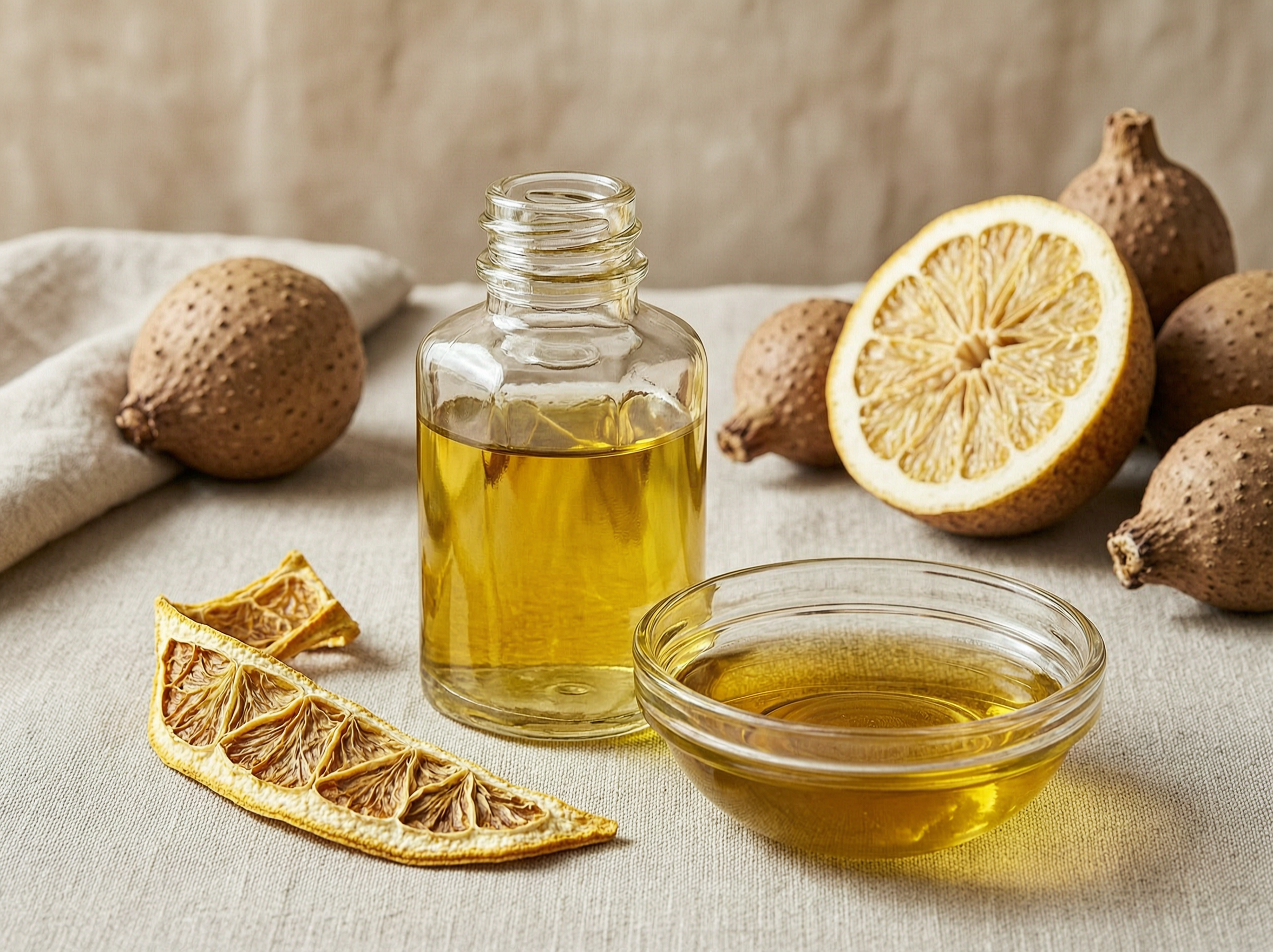 Golden baobab oil infused with dried lemon peel.