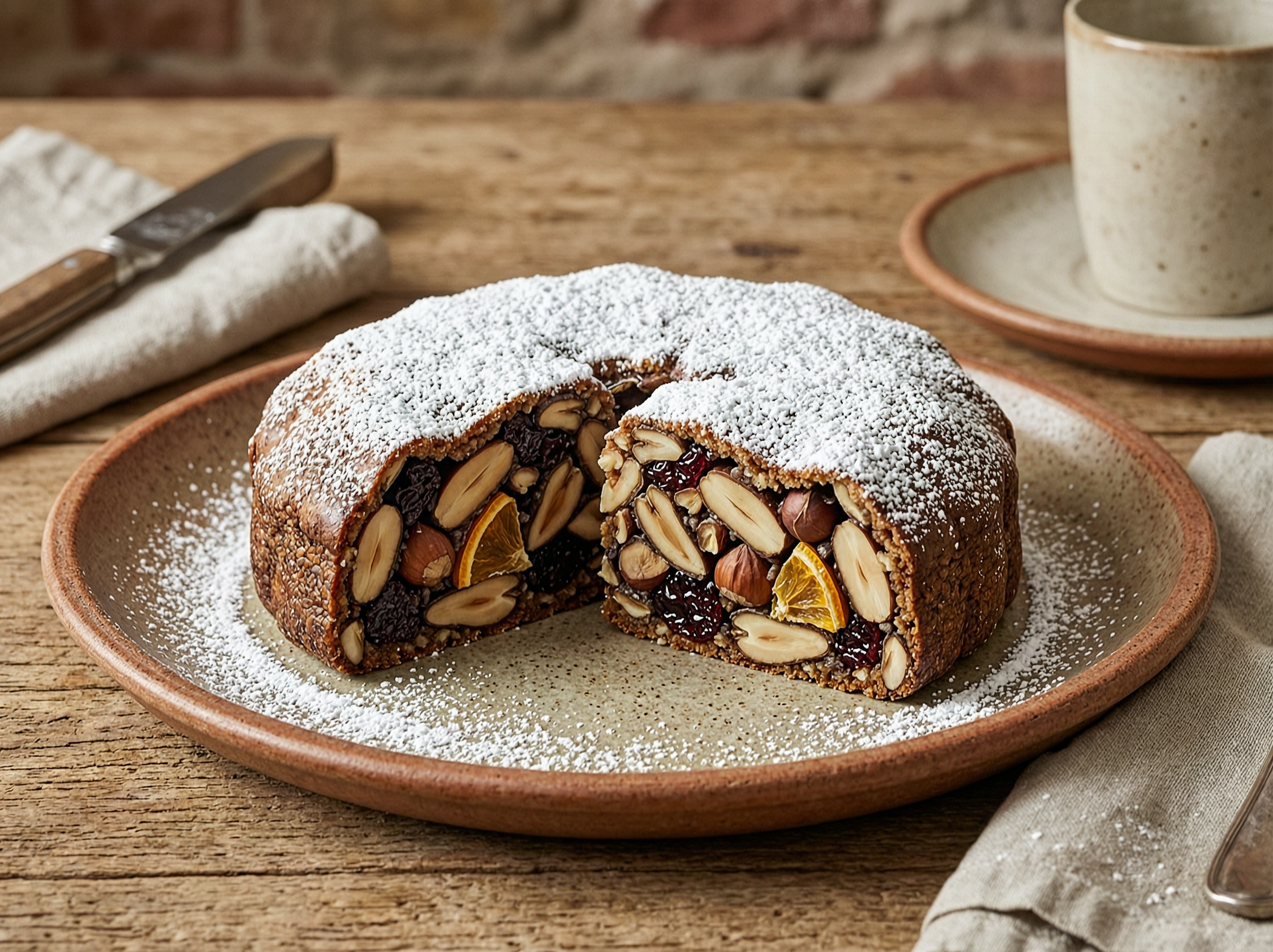 Siena-style panforte dusted with icing sugar, cut to show nuts and candied citrus.