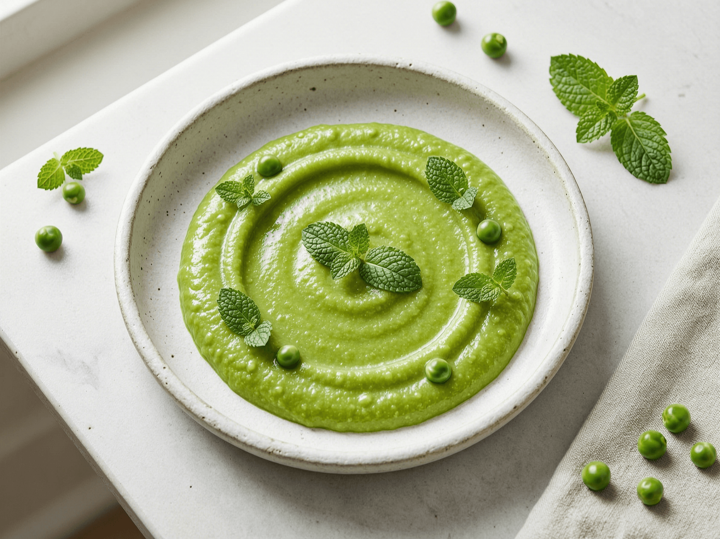 Luminous bright green pea puree with mint and petit pois.