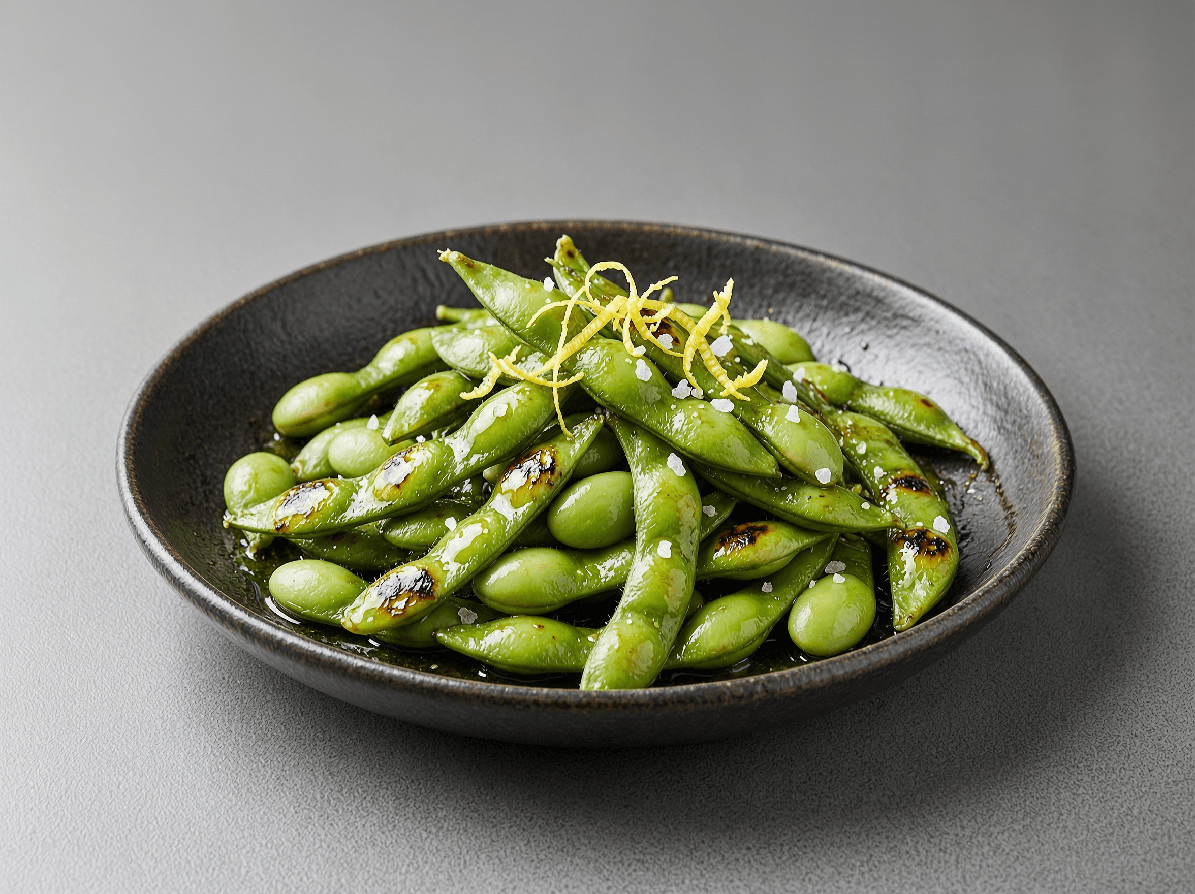 Charred edamame with lemon zest and sea salt.