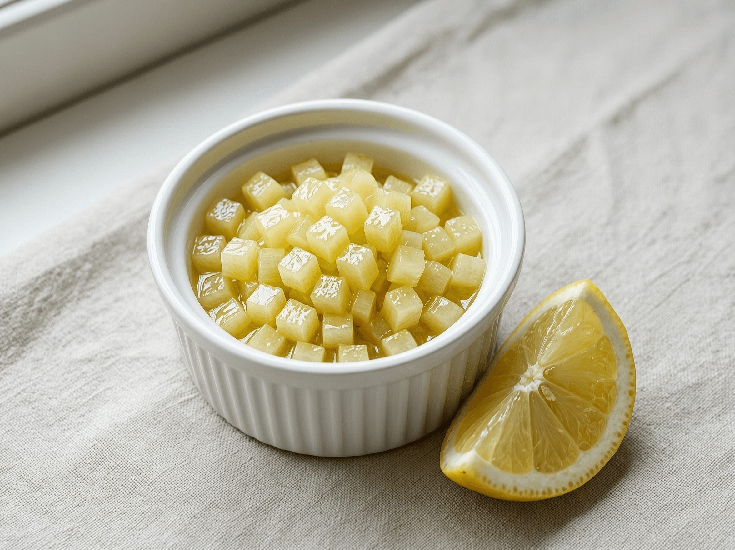 Fine glossy confit lemon brunoise.