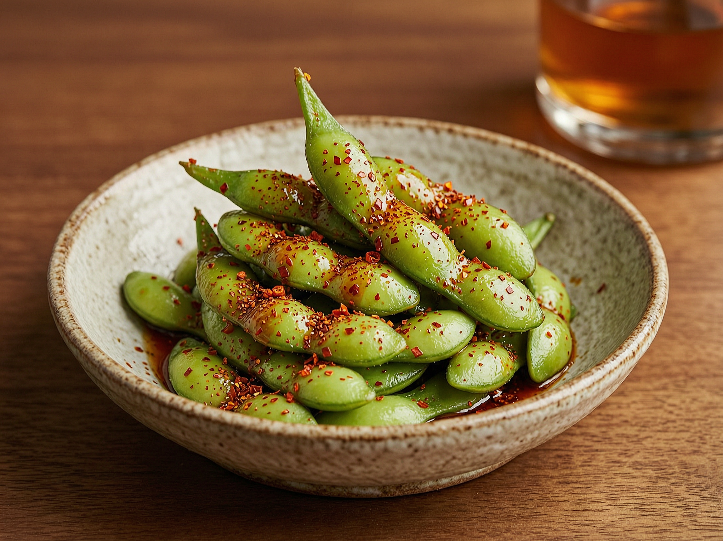 Edamame glazed with chilli, smoked paprika and cider vinegar.
