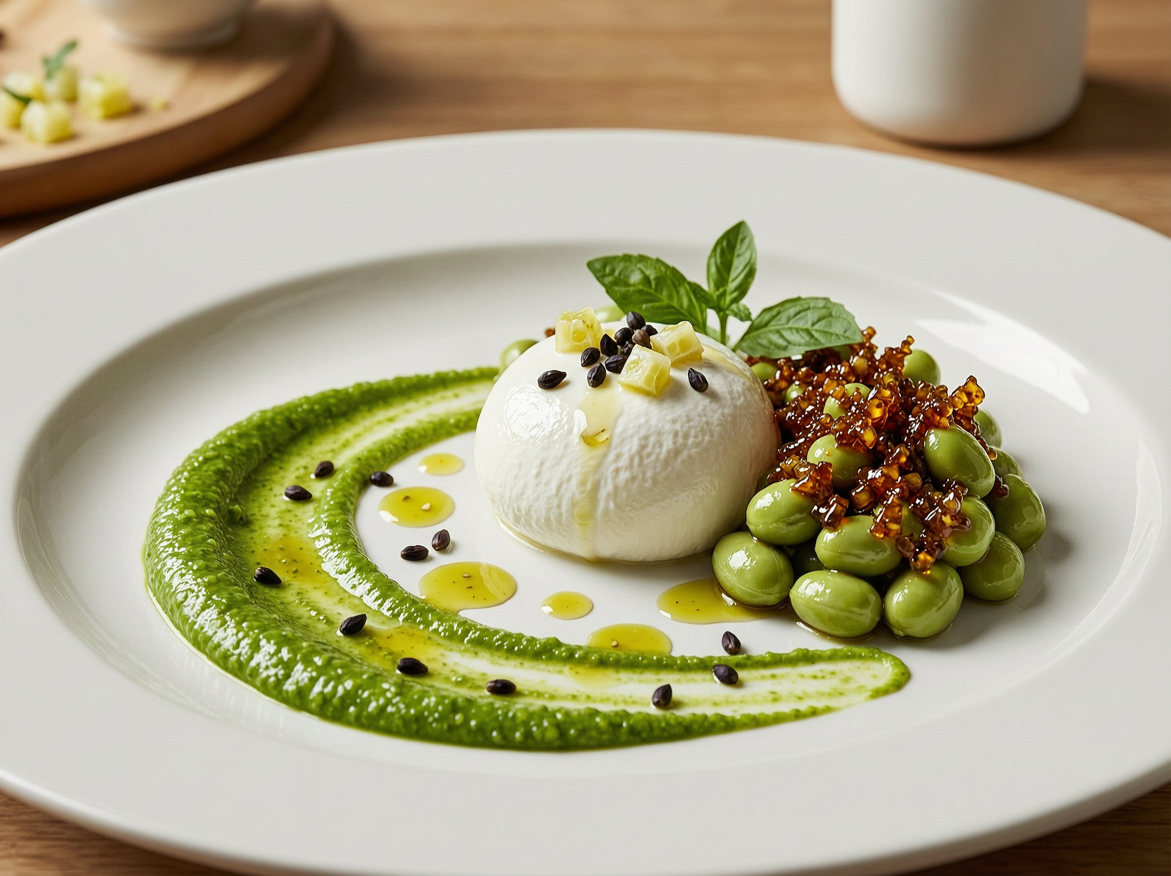 Burrata with basil pea puree, confit lemon and chilli edamame.