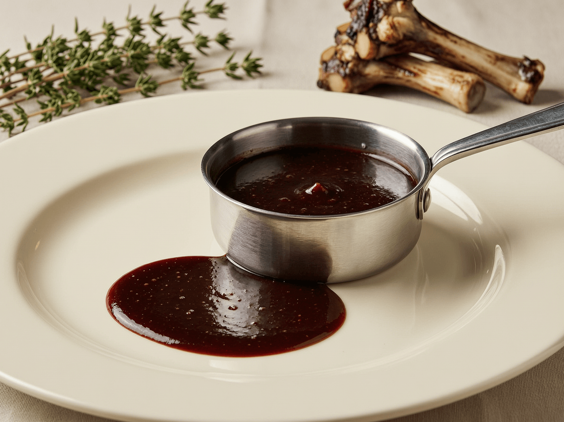 Dark mahogany red wine jus reduced to a glossy fluid nappe.